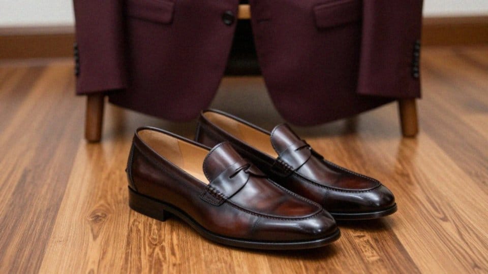 Czy loafersy i mokasyny pasują do bordowego garnituru?